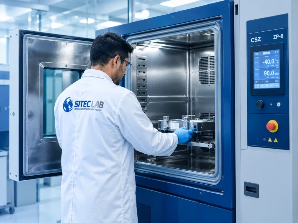Un técnico de laboratorio de SITEC LAB, vestido con bata blanca y guantes azules, introduce un dispositivo sobre un bastidor de metal en una gran cámara de pruebas ambientales abierta. El panel de control digital de la máquina, modelo CSZ ZP-8, muestra una temperatura de -40.0°C y una humedad de 90.0% RH. El laboratorio es limpio y de aspecto moderno.